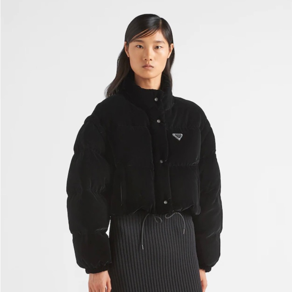 Prada convertible, black velvet, puffy jacket